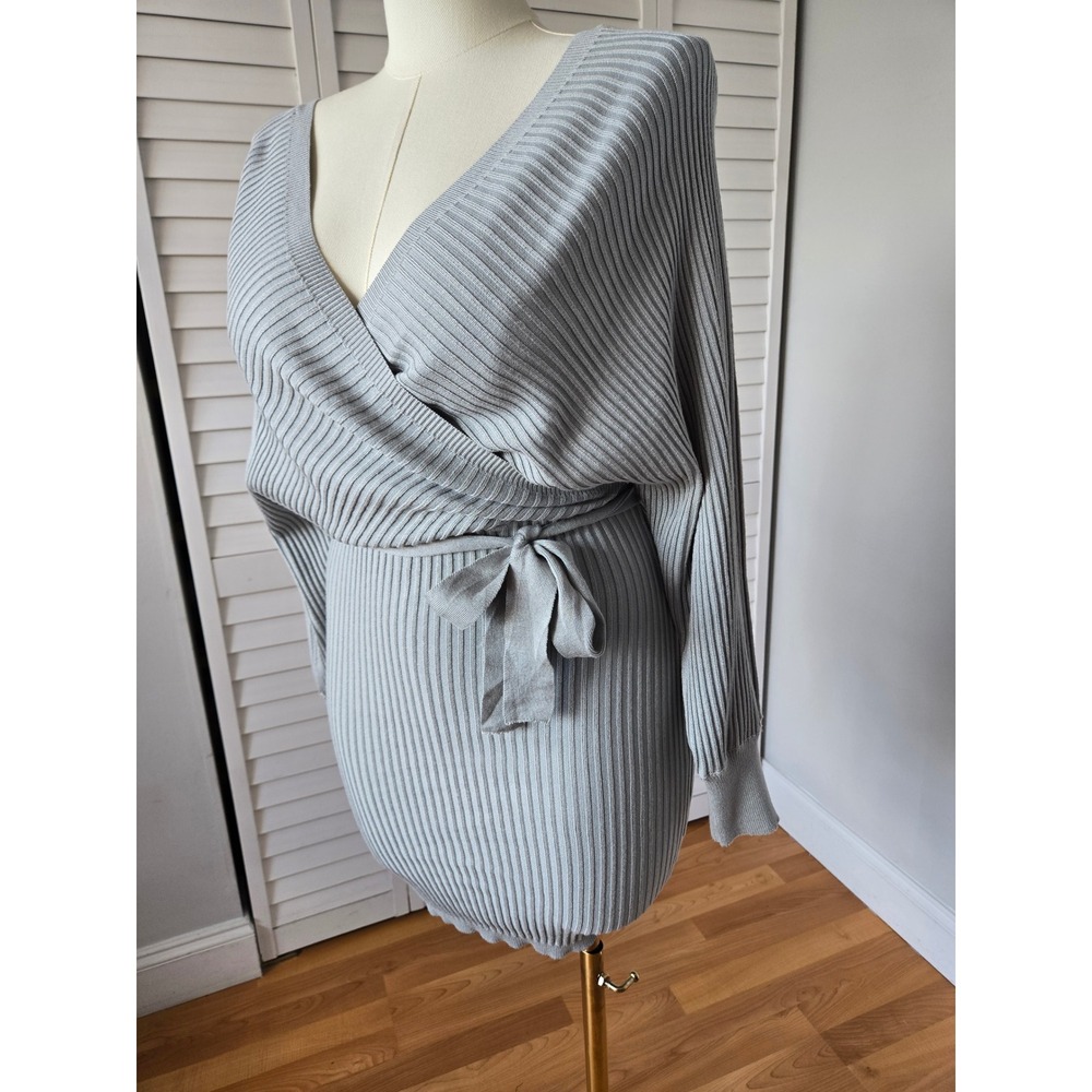 Love Tree Silver Gray Rib Knit Wrap Sweater Dress Size L Cozy Chic Minimalist - Picture 3 of 9